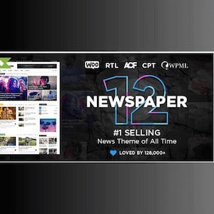 May include: A website screenshot showing a news theme for WordPress. The theme is called "Newspaper" and is described as the #1 selling news theme of all time. The theme is compatible with WooCommerce, RTL, ACF, CPT, and WPML.