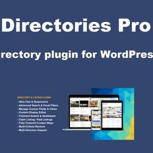 May include: Directories Pro, a WordPress plugin for creating online directories. Features include ultra-fast and responsive design, advanced search and facet filters, custom fields and views, content display editor, frontend submit and dashboard, claim listing, paid listings, fully featured custom maps, multi-criteria reviews, and multi-directory support.