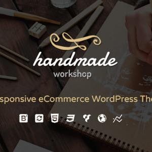 Può includere: Un tavolo di legno con materiali artistici e un quaderno con il testo "handmade workshop" e "Responsive eCommerce WordPress Theme".
