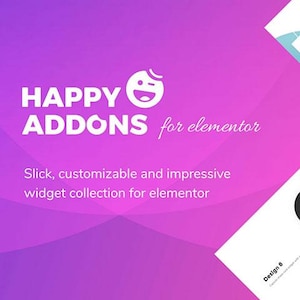 Könnte beinhalten: Grafik mit einem lila-rosa Farbverlauf. Der Text "HAPPY ADDONS for elementor" ist weiß. Darunter steht der Text "Slick, customizable and impressive widget collection for elementor".