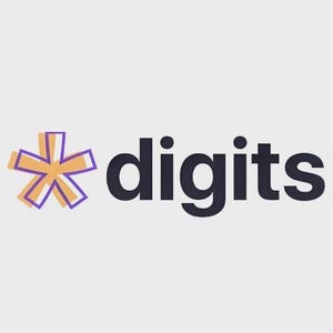 May include: A logo for a company called "digits" with a stylized orange asterisk with a purple outline.