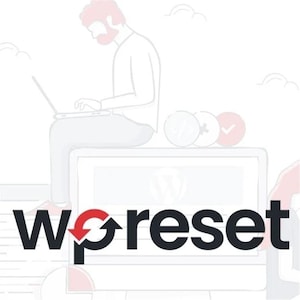 Könnte beinhalten: Eine Person arbeitet an einem Laptop mit einer Website, auf der "wpreset" auf dem Bildschirm steht. Die Website hat einen roten Pfeil, der nach oben und unten zeigt.