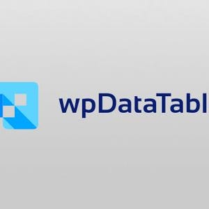 Könnte beinhalten: Ein blaues und weißes Logo mit dem Text "wpDataTables" in dunkelblau.