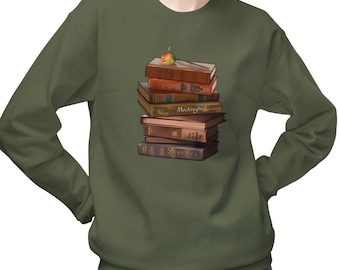 Novel Stack Sweatshirt, Gatsby, Steinbeck, Wuthering Heights, Rebecca, Catcher in the Rye, To Kill a Mockingbird, Book Lover, Teacher Gift