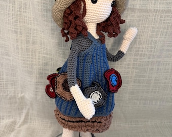 Handmade Amigurumi Doll – Blue Dress, Curly Hair, Crochet Plush Toy – Nursery Decor