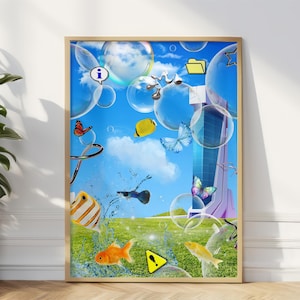 Digital Frutiger Aero Printable, Futuristic Skyscraper Bubble Aesthetic, Wall Art with Y2K Ocean Print, Web Core Nostalgia For Home Decor