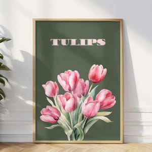 Pink Tulips Wall Art, Watercolor Floral Print, Botanical Flower Poster, Spring Tulip Artwork, Green Vintage Aesthetic Decor, Modern Art