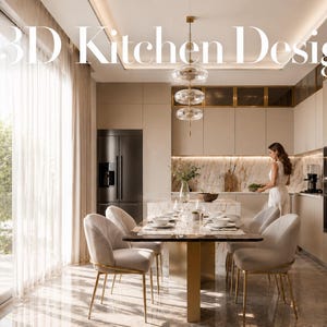 May include: A 3D Kitchen Design rendering featuring a dining area with a rectangular table, six upholstered chairs with gold-toned legs, and a kitchen with beige cabinetry, a marble backsplash, a black refrigerator, and a tiered glass pendant light.