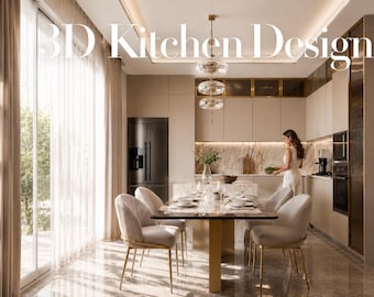 Puede incluir: Un renderizado 3D Kitchen Design que muestra un comedor con una mesa rectangular, seis sillas tapizadas con patas doradas y una cocina con armarios beige, un salpicadero de mármol, un frigorífico negro y una lámpara colgante de cristal.