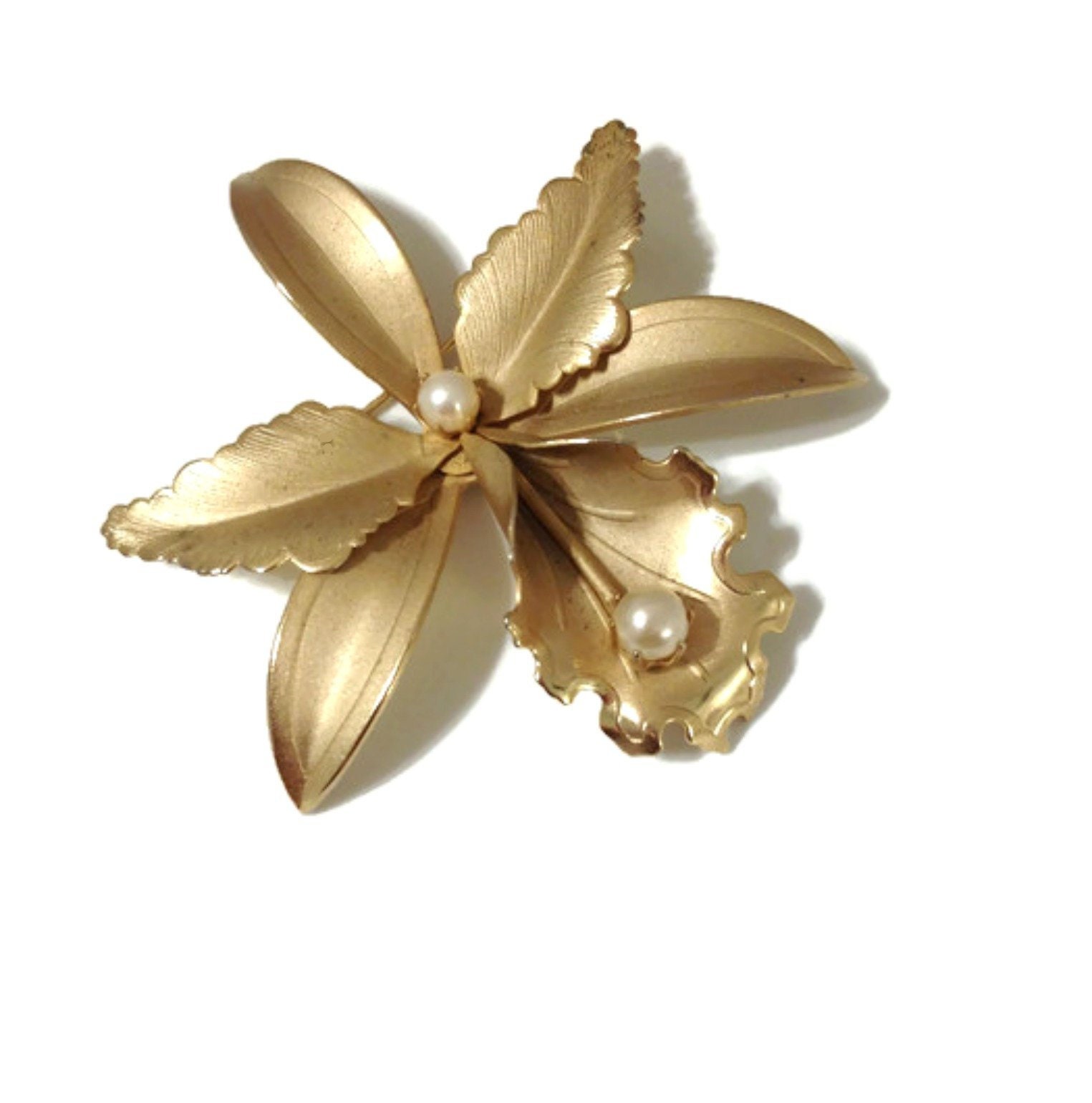 Vintage Orchid Brooch Gold Tone Brushed Matt Finish Orchid Etsy