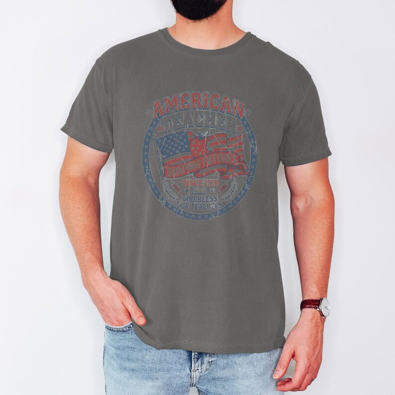 Vintage American Teacher Shirt, Patriotic USA Flag, Shaping Futures Since 1776 Tee Pepper
