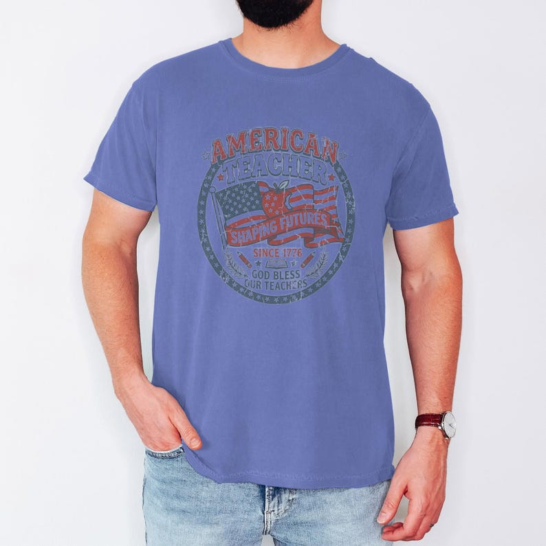 Vintage American Teacher Shirt, Patriotic USA Flag, Shaping Futures Since 1776 Tee Flo Blue