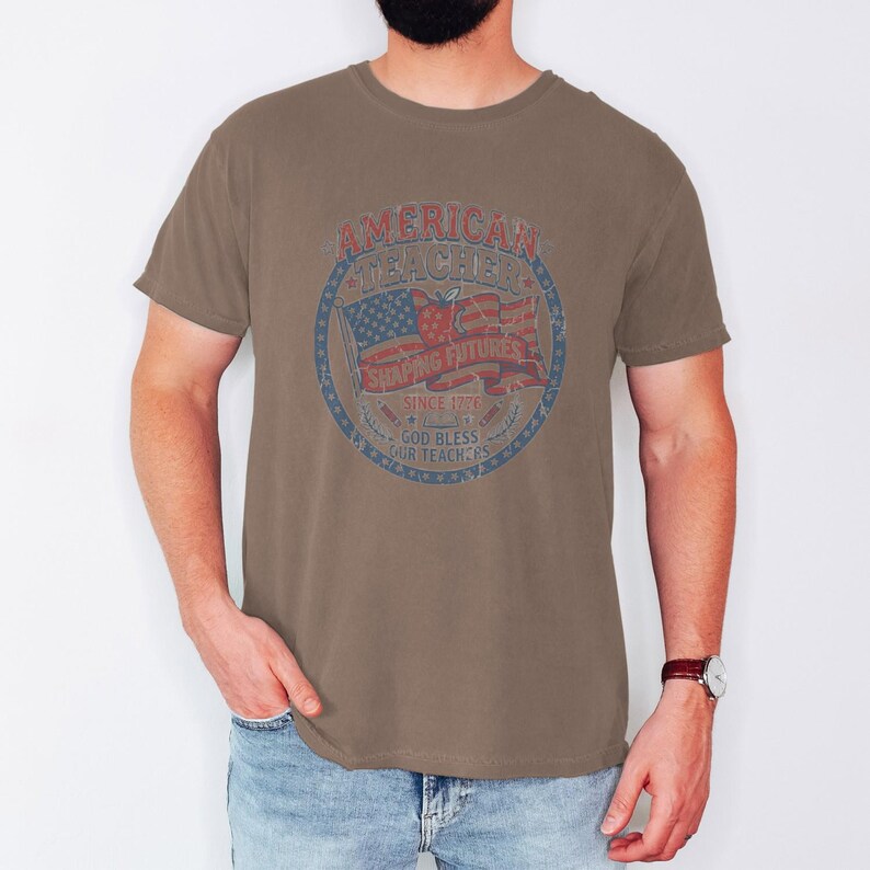 Vintage American Teacher Shirt, Patriotic USA Flag, Shaping Futures Since 1776 Tee Espresso