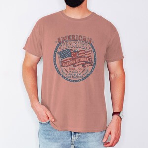 Vintage American Teacher Shirt, Patriotic USA Flag, Shaping Futures Since 1776 Tee Terracotta