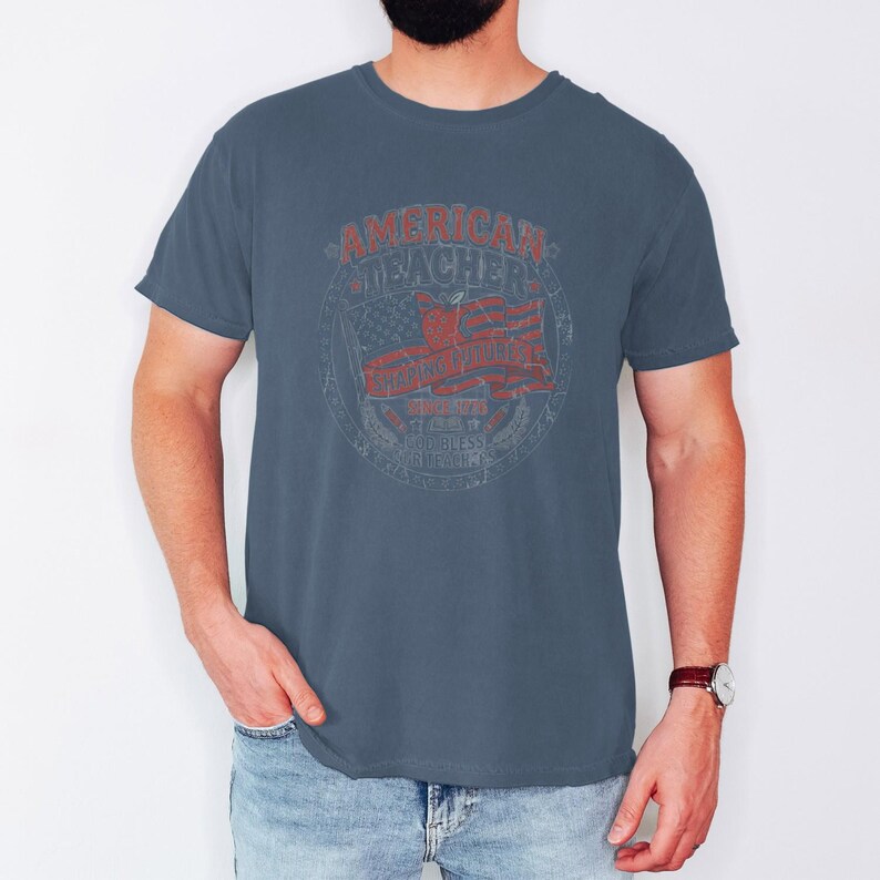 Vintage American Teacher Shirt, Patriotic USA Flag, Shaping Futures Since 1776 Tee Midnight