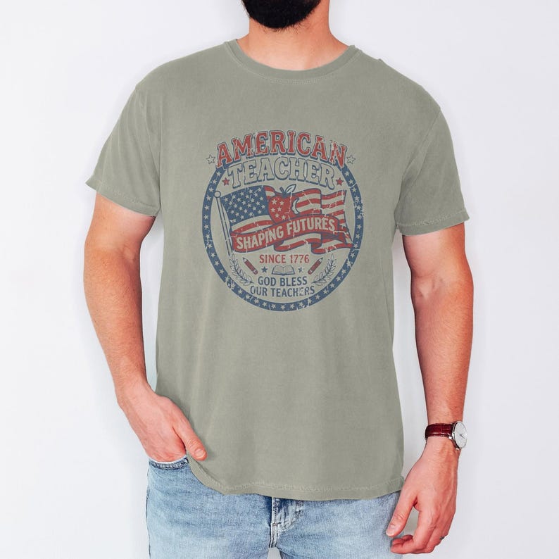 Vintage American Teacher Shirt, Patriotic USA Flag, Shaping Futures Since 1776 Tee Sandstone