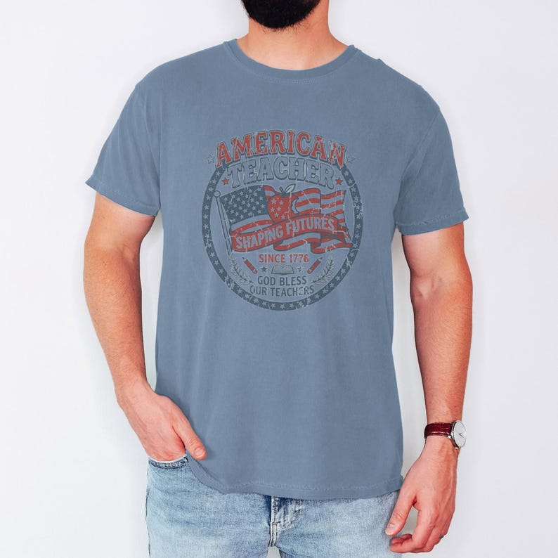 Vintage American Teacher Shirt, Patriotic USA Flag, Shaping Futures Since 1776 Tee Blue Jean