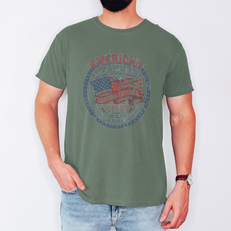 Vintage American Teacher Shirt, Patriotic USA Flag, Shaping Futures Since 1776 Tee Moss