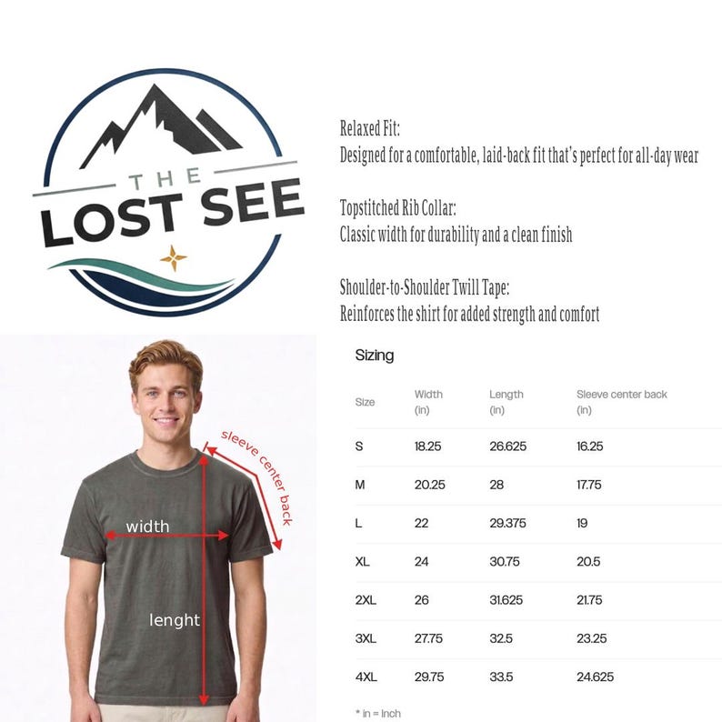 May include: A gray t-shirt with the text "THE LOST SEE" and a mountain logo. The image includes sizing information for the shirt, with measurements in inches for width, length, and sleeve center back.