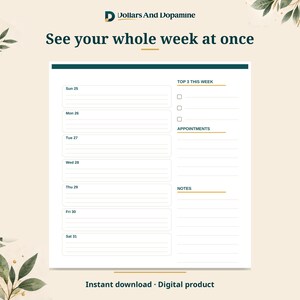May include: A weekly planner page featuring the text Dollars And Dopamine and See your whole week at once. The layout includes sections for days from Sunday to Saturday, a Top 3 This Week checklist, an Appointments section, and a Notes area.