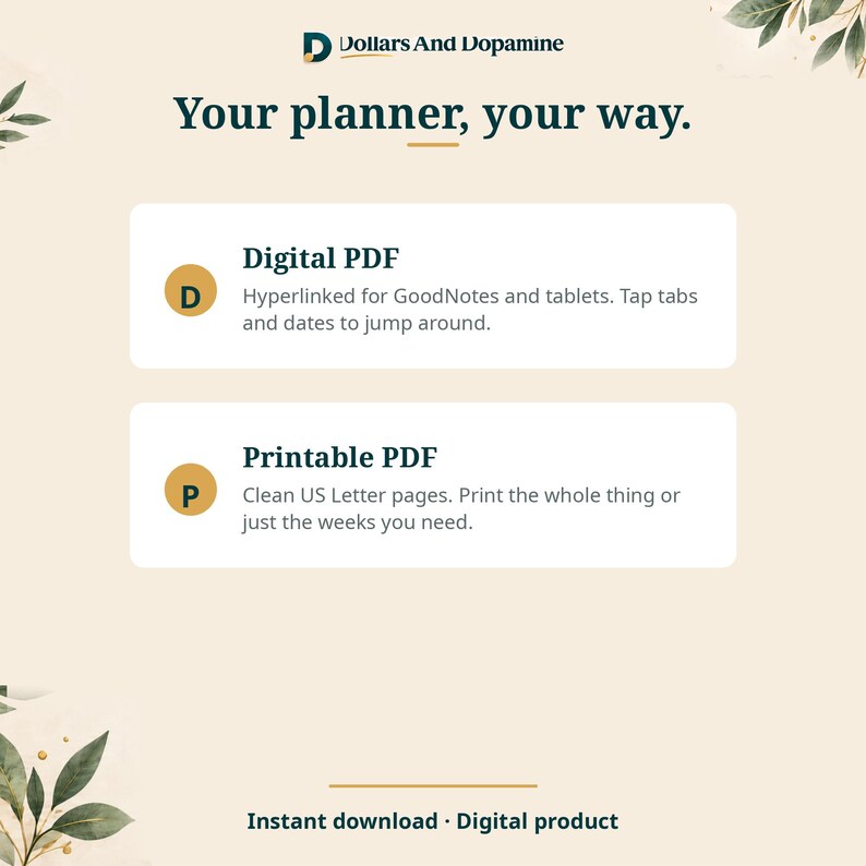 May include: A digital product information graphic with the text Dollars And Dopamine and Your planner, your way. It features two white boxes: Digital PDF for GoodNotes and tablets with hyperlinked tabs, and Printable PDF for US Letter pages.