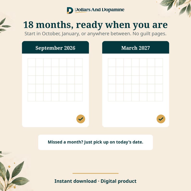 May include: An 18-month undated planner page with the text Dollars And Dopamine, 18 months, ready when you are, Start in October, January, or anywhere between. No guilt pages. Missed a month? Just pick up on today's date. Instant download. Digital product.