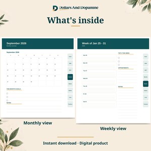 May include: A digital planner layout titled Dollars And Dopamine featuring a monthly view for September 2026 and a weekly view for January 25-31. The pages include sections for goals, notes, appointments, and top three weekly tasks with navigation tabs.