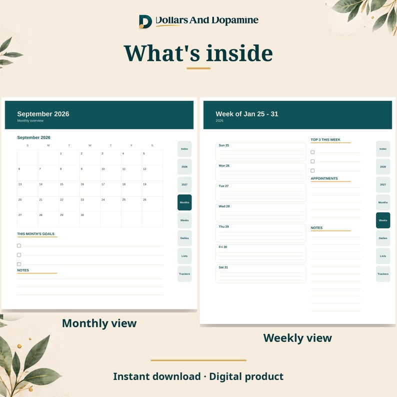 May include: A digital planner layout titled Dollars And Dopamine featuring a monthly view for September 2026 and a weekly view for January 25-31. The pages include sections for goals, notes, appointments, and top three weekly tasks with navigation tabs.