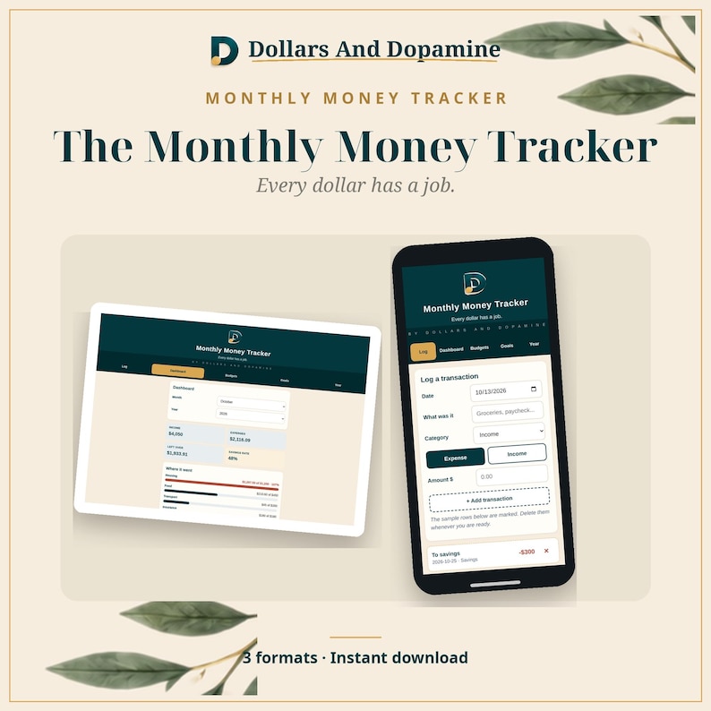 Pode incluir: Uma interface digital de rastreador de dinheiro mensal exibida em um tablet e um smartphone. As telas mostram dados financeiros, registros de transa&ccedil;&otilde;es e categorias de receitas e despesas.