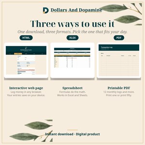 Pode incluir: Um produto digital de rastreamento financeiro intitulado Dollars And Dopamine, apresentando tr&ecirc;s formatos: uma p&aacute;gina web interativa HTML, uma planilha XLSX e um registro de transa&ccedil;&otilde;es em PDF imprim&iacute;vel com textos.