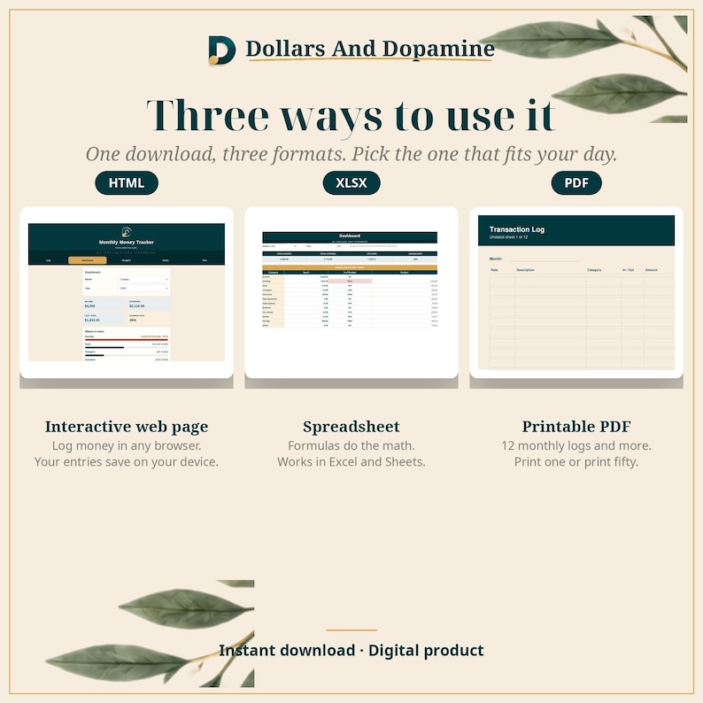 Pode incluir: Um produto digital de rastreamento financeiro intitulado Dollars And Dopamine, apresentando tr&ecirc;s formatos: uma p&aacute;gina web interativa HTML, uma planilha XLSX e um registro de transa&ccedil;&otilde;es em PDF imprim&iacute;vel com textos.