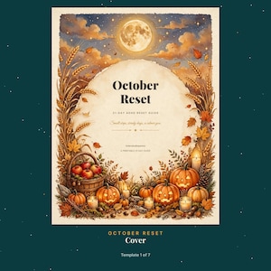 Może przedstawiać: Okładka przewodnika do druku z tytułem October Reset 31-Day ADHD Reset Guide. Projekt przedstawia pełnię księżyca, kłosy pszenicy, jesienne liście, kosz z czerwonymi jabłkami, wydrążone dynie i zapalone świece na kremowym tle.