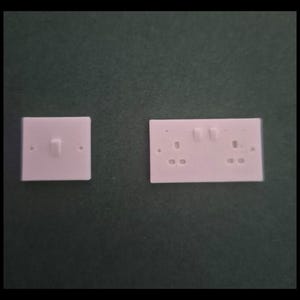 May include: Two white electrical outlet covers. One is a single light switch, and the other is a double outlet. Both are rectangular with rounded corners and have screw holes for mounting. The background is a solid dark green.