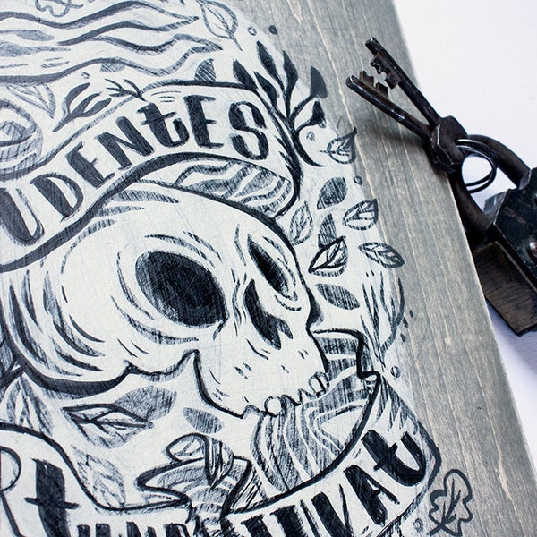 A Small Warning- small skull and banner painting on wood - fortune favors the bold