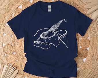 May include: A navy blue t-shirt with a white outline of an acoustic guitar.