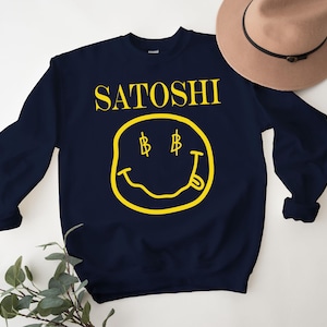 Satoshi Nakamoto Sweatshirt, Smiley Face Bitcoin Sweater Cryptocurrency Crewneck