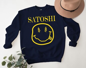 Satoshi Nakamoto Sweatshirt, Smiley Face Bitcoin Sweater Cryptocurrency Crewneck