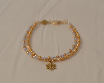 Miyuki Seed Bead Double Layer Bracelet with Sun Charm, Boho Minimalist Jewelry