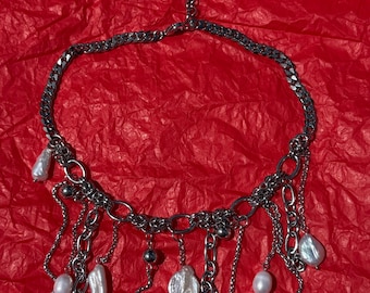 Fringe Necklace, Stainless Steel Chain Tassels, Baroque Pearls, Asymmetrical Statement Jewelry