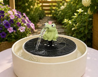 La rana Fridolin, con o sin cuenco de fuente solar, impresa en 3D, personalizable para uso exterior.