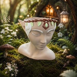 Può includere: Un vaso color crema a forma di volto sereno con orecchie a punta. Il vaso presenta una corona decorativa marrone e verde. Lo sfondo include un ambiente forestale con muschio, funghi e una piccola casa con una finestra luminosa.