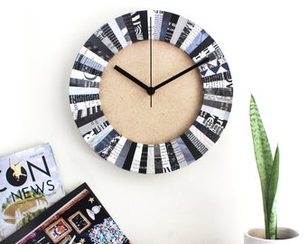 Classic Magazine Wall Clock • Quirky Home Office Room Decor • Recycled Black and White Clock • Modern 1st Anniversary Gift • Funky Wall Art