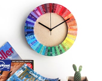 Magazine Rainbow Wall Clock • Recycled Wall Art • Creative 1st Anniversary Gift • Modern Home Office Decor • Fun Funky Colorful Quirky Clock