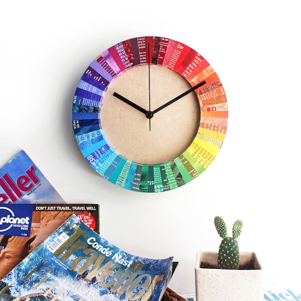 Magazine Rainbow Wall Clock • Recycled Wall Art • Creative 1st Anniversary Gift • Modern Home Office Decor • Fun Funky Colorful Quirky Clock
