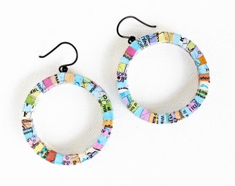 World Map Earrings • Large Hoop Earrings • Unique Traveler Gift • Colorful Sustainable Jewelry • Funky Nerd Gift • Upcycled Book Earrings