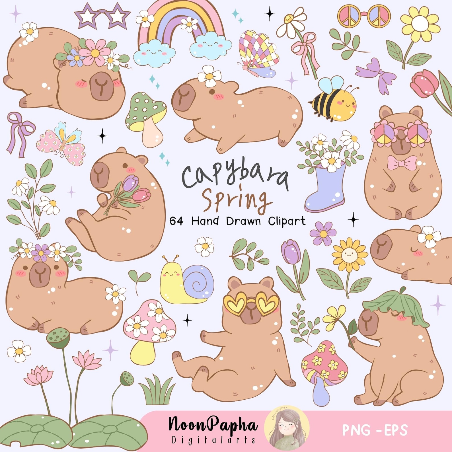 Spring Capybara Capybara Spring Clipart Set PNG | EPS Cute Capybaras Surrounded by ...