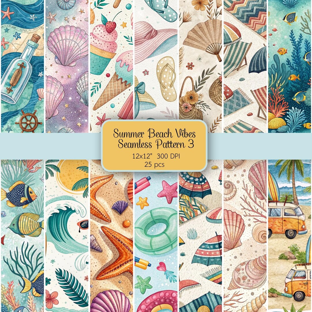 Summer Beach Vibes Seamless Fabric Pattern. Digital Craft Paper Bundle ...