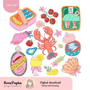 Fischer Ästhetische Sardinen Clipart, Sublimationsdesign Trendy Preppy Sardinen Hummer, Zitronen Grafik, Girly Sommer, Ocean Beach Vibes