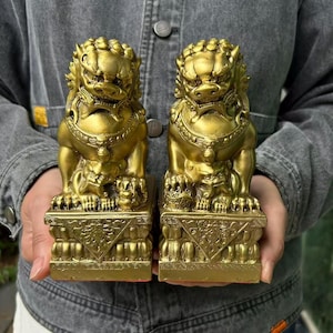 Paire de chiens Fu Foo chinois en cuivre - Statues de lion gardien en bronze antique