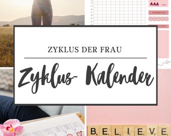 Op de afbeelding: Een kalender met de woorden "Zyklus Kalender" en "Zyklus der Frau" erop gedrukt. De kalender is verdeeld in maanden en dagen, met een rode cirkel rond de 10e dag van de maand. De kalender is omringd door een roze achtergrond.